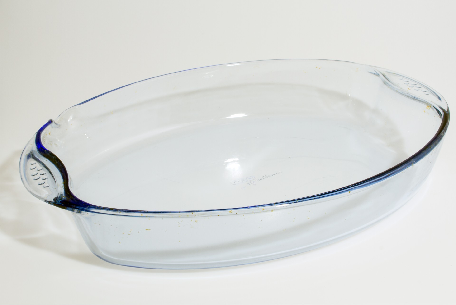 Blue transparent glass roasting dish, early 2000s Logo